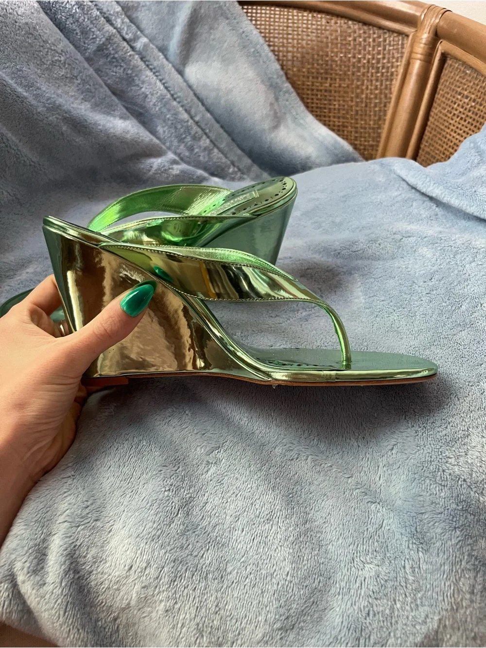 Larroude Gaia Wedge Sandal in Light Pear Specchio - Women's Metallic Green Wedge